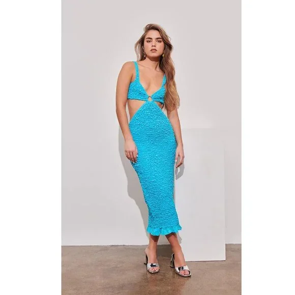 SAYLOR | Dresses | Saylor Anthropologie Kellyn Midi Dress Bodycon Smocked  Ruffle M 25984 | Poshmark